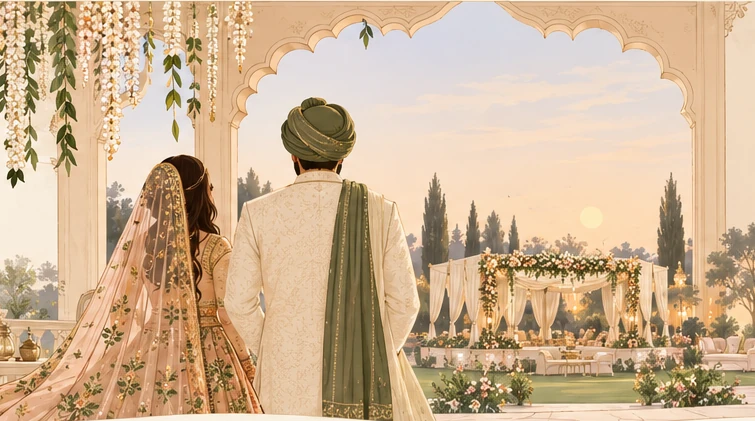 Illustration of a bride and groom seen from behind beneath an ornate arch, looking toward a garden wedding mandap. Their faces are not visible.