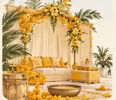 Illustrated sunshine-yellow Haldi celebration setting with marigold flowers and traditional seating