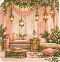 Illustrated Mehndi celebration lounge decorated with soft blush drapes, lanterns and flowers